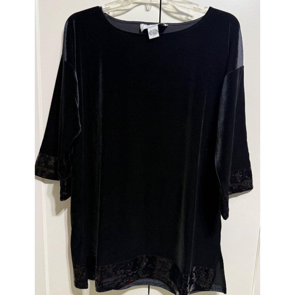 Joan Vass black velvet sequin tunic top blouse shirt Holiday Party size 0 NWT